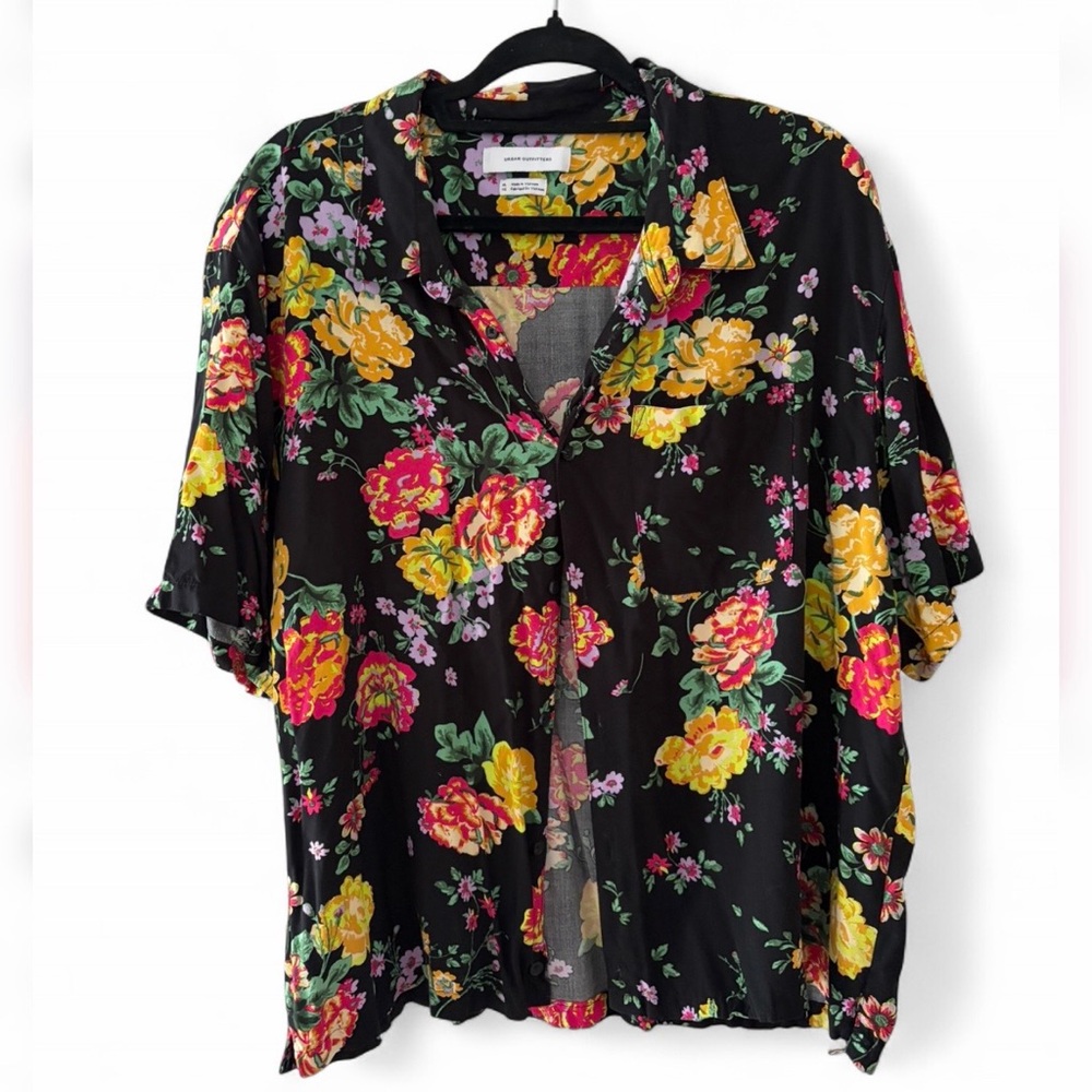 Floral Button-Up Top in Black with Yellow & Pink Blooms